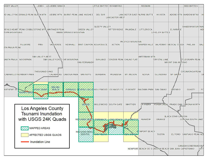 A map of tsunami inundation areas around Los Angeles county. For more details on specific neighborhoods see the links in the article.