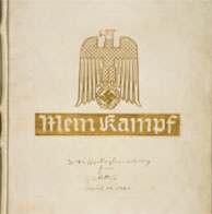 A deluxe edition of Hitler's Mein Kampf was among the other artifacts seized by Patton's troops. In a handwritten inscription on the cover, Patton presents it to The Huntington.