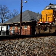 A Norfolk Southern freight train rumbles