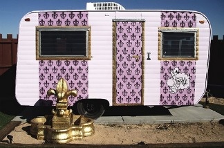 The Fifi trailer features lush purple interior. Hicksville, Joshua Tree, California.