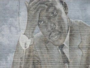 A detail from a mural with an image of Martin Luther King, Jr.