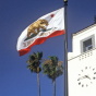 California Republic flag in front of the Union Station Rail Transit in the city of Los Angeles, California