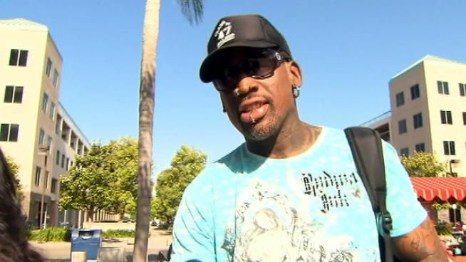 Dennis Rodman was upbeat before entering court in Orange County on Tuesday, May 29, 2012.
