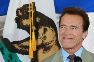 California Governor Arnold Schwarzenegger smiles as he speaks to members of the Bay Area Council in Santa Clara, California.