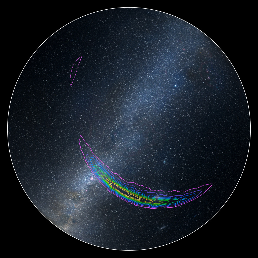 From Caltech: "The approximate location of the source of gravitational waves detected on September 14, 2015, by the twin LIGO facilities is shown on this sky map of the southern hemisphere. The colored lines represent different probabilities for where the signal originated: the purple line defines the region where the signal is predicted to have come from with a 90 percent confidence level; the inner yellow line defines the target region at a 10 percent confidence level. A small galaxy near our own, called the Large Magellanic Cloud, can be seen as a fuzzy blob underneath the marked area, while an even smaller galaxy, called the Small Magellanic Cloud, is below it."