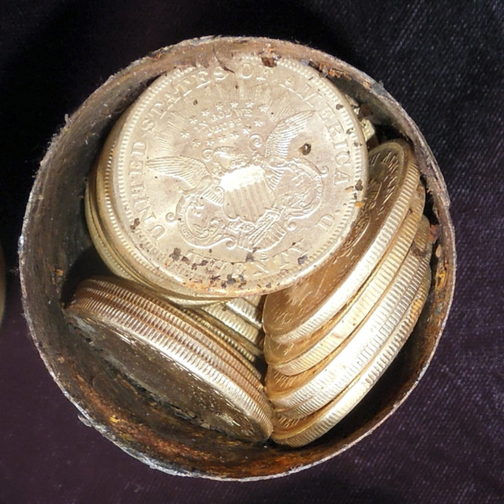 Thar's gold in them thar cans: One of the eight cans discovered by a California couple. They were stuffed with gold coins minted in the 1800s. The cache's estimated value: $10 million.