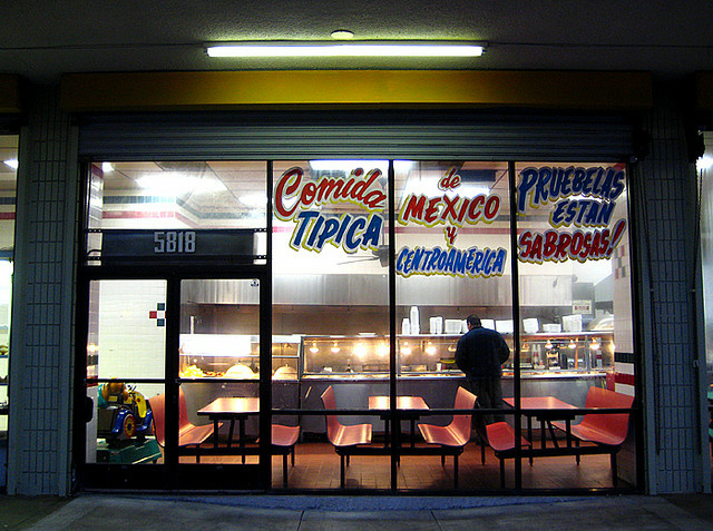 A Los Angeles eatery advertises Mexican and Central American food. According to the 2010 census, Los Angeles County is home to the nation's largest communities of Salvadoran and Guatemalan immigrants.