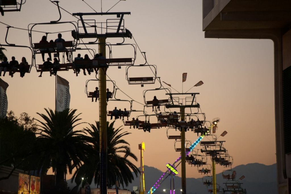 The L.A. County Fair sky ride at dusk.