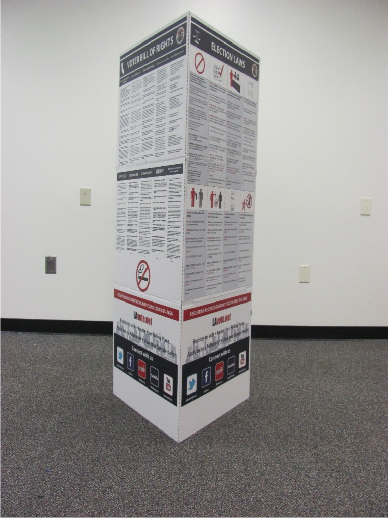 Information about voting is shown in 10 languages on these new cardboard kiosks that will be in more than 4,600 polling places for the June 3 primary.