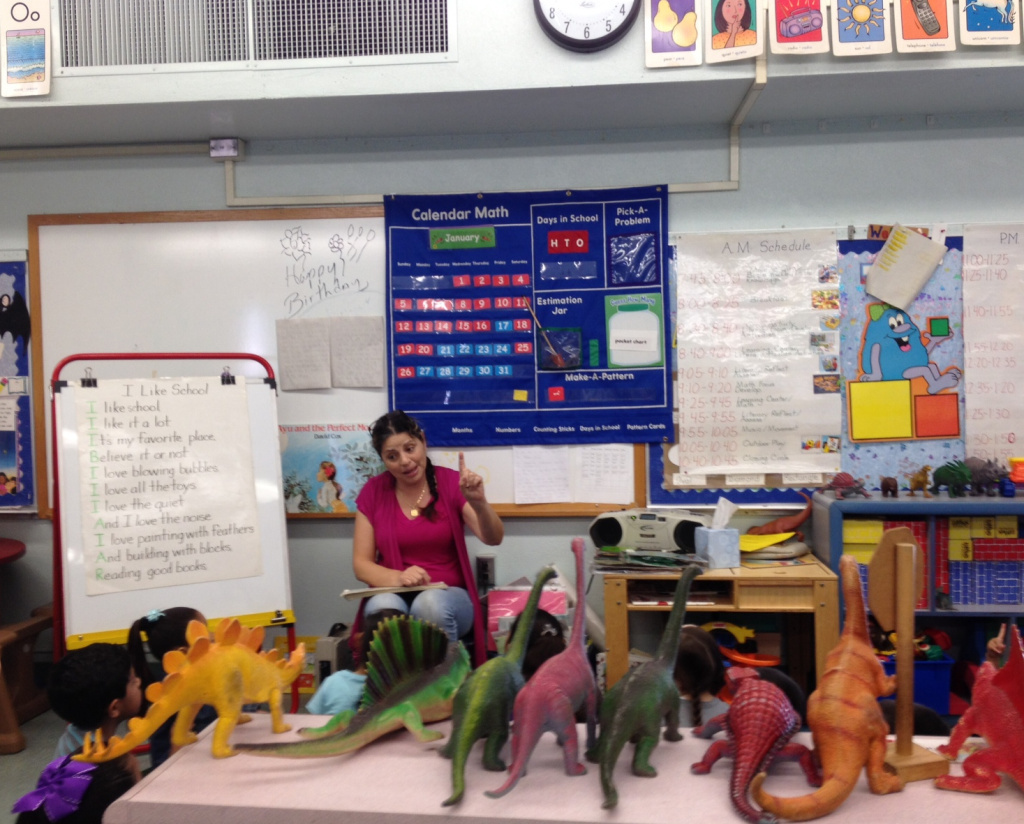 Ms DeLelio is starting her three-hour afternoon class at 11.30am. She teaches El Sereno Elementary's state PreK program to 23 children from 8am-11am and 23 children from 11.30am-2.30pm.