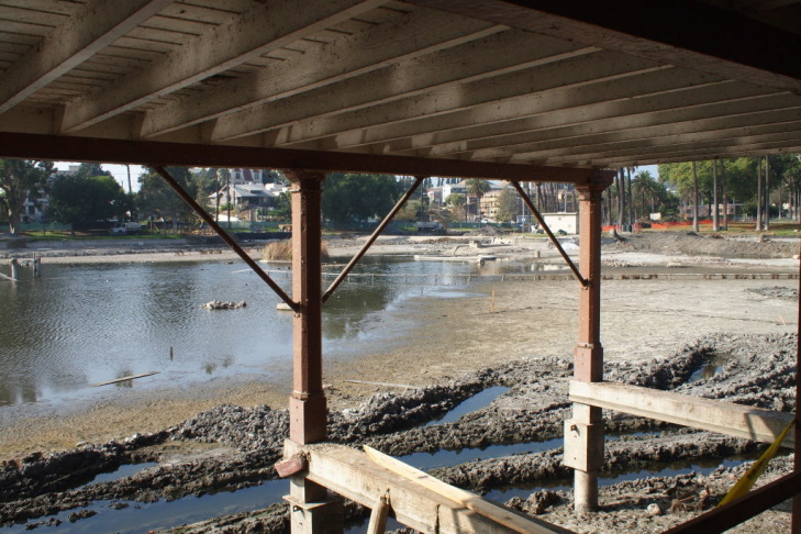 Echo Park Lake drained from boat house