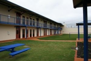 Part of the interior grounds at the new privately-run Karnes Civil Detention Center in Karnes City, Texas