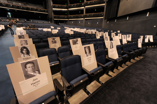 Celebrity seating place cards are displayed during the 62nd Primetime Emmy Awards press preview Day at Nokia Theatre L.A. Live on August 25, 2010 in Los Angeles, California.