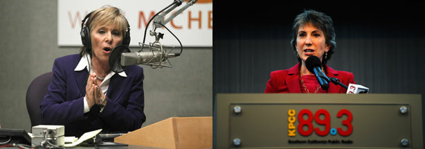 Barbara Boxer participating in the debate from NPR's studios in Washington, D.C., and Carly Fiorina at a post-debate press conference at KPCC's studios in Pasadena.
