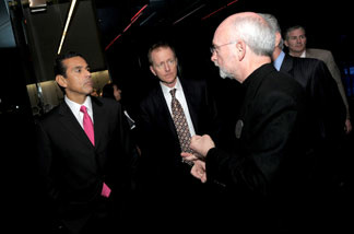 Mayor Antonio Villaraigosa, First Deputy Mayor and Chief Executive Officer for Economic and Business Policy Austin Beutner and WET CEO Mark Fuller, unveil WET's Idea Playground, a new complex dedicated to discovery and innovation featuring Los Angeles' first 'permeable' grass parking lot, on January 14, 2010 in Sun Valley, California.