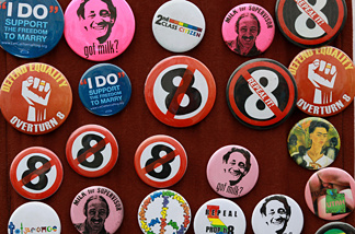 A display of political buttons opposing Proposition 8 during a 2010 San Francisco rally to celebrate the ruling to overturn the voter-approved ban on same-sex marriage.