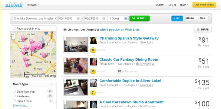 Listings on Airbnb for Los Angeles