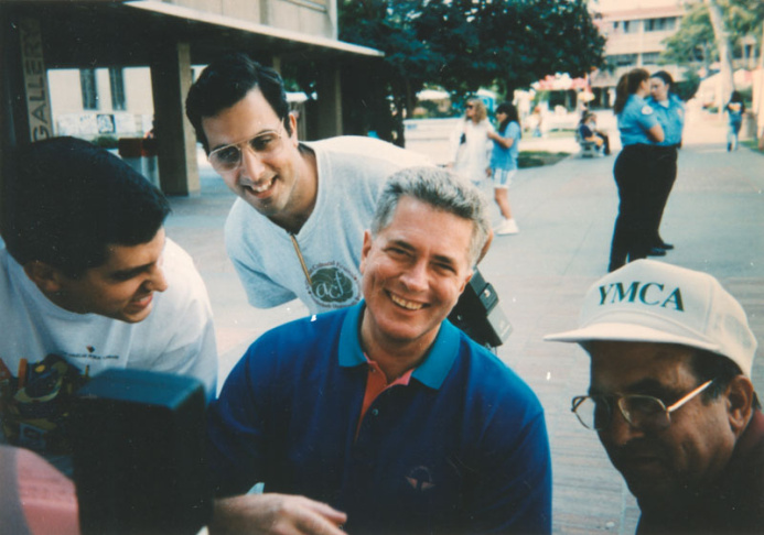 Vahan, Ara, and Khechig Manoogian with Huell Howser, c1990.
