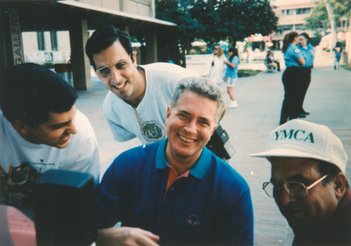 Vahan, Ara, and Khechig Manoogian with Huell Howser, c1990.