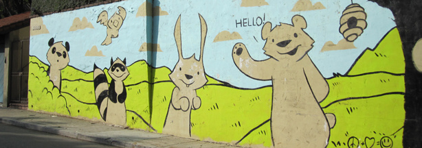This mural, painted by Phillip Lumbang, for now lives outside of the Bates' Silver Lake home.