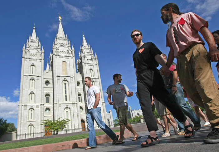 Gay Activists Gather At Mormon Temple For "Kiss In"