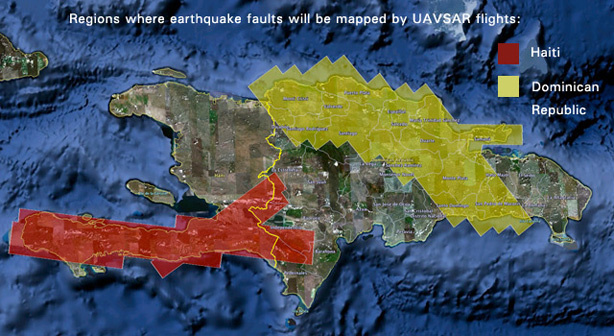 NASA's UAVSAR airborne radar will create 3-D maps of earthquake faults over wide swaths of Haiti (red shaded area) and the Dominican Republic (yellow shaded area).