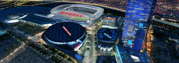 Artist's depiction of proposed NFL stadium with Famers Field logo.