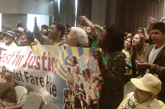 Members of the Bus Riders Union angry over proposed fare hikes disrupt a Metropolitan Transportation Agency board meeting May 27, 2010.
