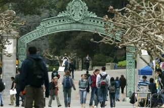 Students walk near Sather Gate on the University of California at Berkeley campus.