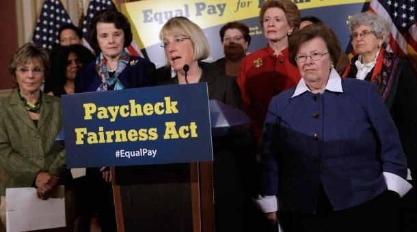 Sen. Patty Murray (D-Wash.) (C) speaks about the Paycheck Fairness Act during a news conference with Sen. Barbara Boxer (D-Calif.), Sen. Dianne Feinsten (D-Calif.), Sen. Debbie Stabenow (D-Mich.) and Sen. Barbara Mikulski (D-Md.) in the Lyndon B. Johnston Room at the U.S. Capitol May 23, 2012 in Washington, D.C. The Democratic bill to close the pay gap between men and women fell short today in the Senate along clear partisan lines.