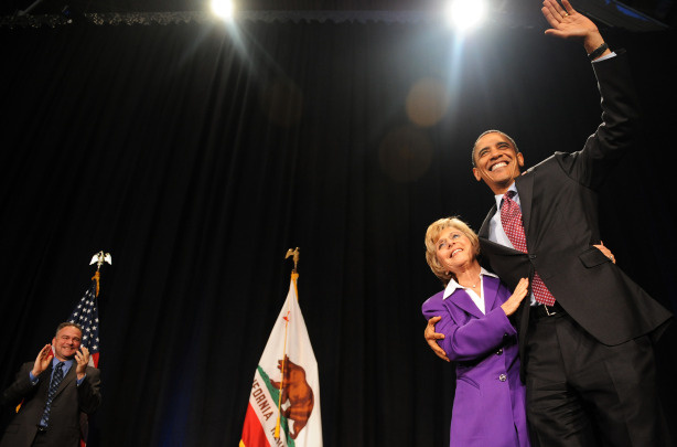 US President Barack Obama greets Senator Barbara Boxer as he arrives to speak at a fundraising reception at the California Science Center in Los Angeles, California, on April 19, 2010.