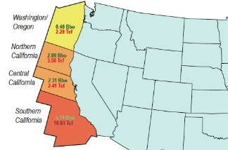 A map from the Minerals Management Service shows its 2006 assessment of the 'technically
recoverable oil and gas resources' off US's western coast.