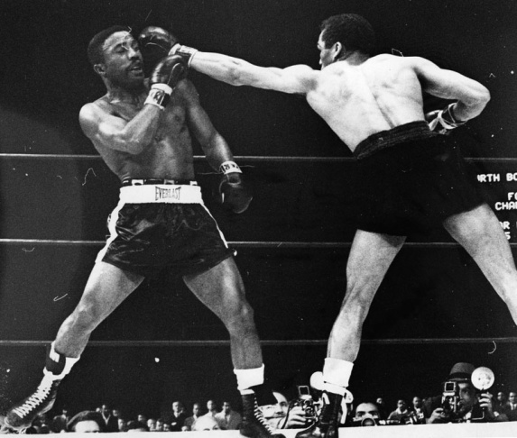 Davey Moore and "Sugar" Ramos boxing at Dodger Stadium, March 21, 1963. Moore was killed that night.