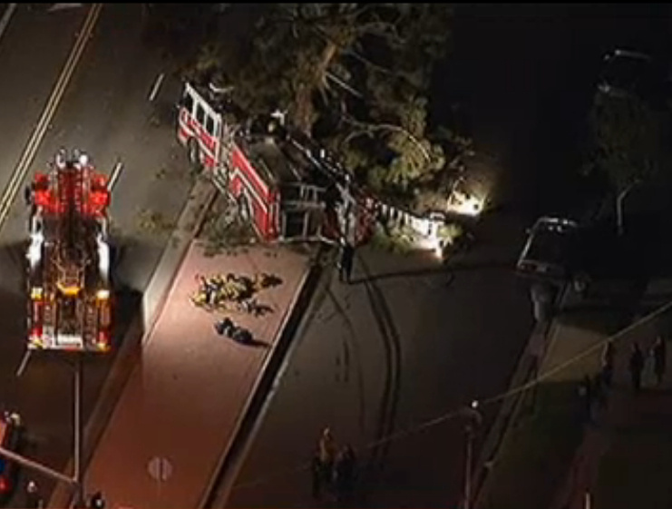 A screen shot from video shot by a helicopter of an accident involving a fire truck in Orange County on March 13, 2013.