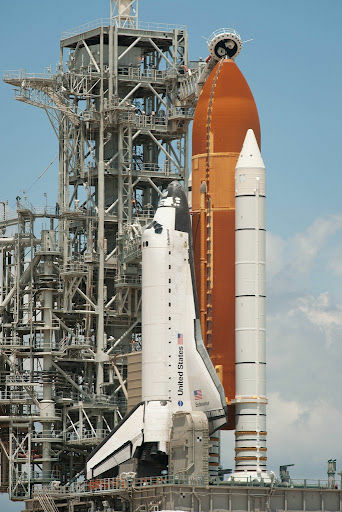 The space shuttle Endeavour is seen on launch pad 39a after the rollback of the Rotating Service Structure (RSS), Sunday, May 15, 2011, at Kennedy Space Center in Cape Canaveral, Fla.