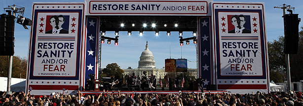 Steven Colbert and Jon Stewart perform at the Rally To Restore Sanity And/Or Fear on the National Mall on October 30, 2010 in Washington, DC. Stewart and Colbert held the rally, which tens of thousands of people attended.