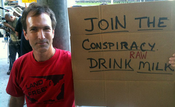 David Barker of Eagle Rock was among the raw dairy supporters outside the courthouse in downtown Los Angeles.