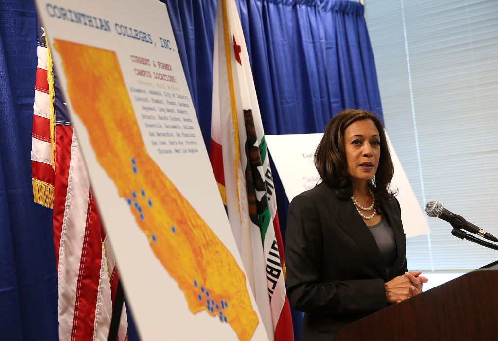 File photo: California Attorney General Kamala Harris announced the filing of a lawsuit against the for-profit Corinthian Colleges and its subsidiaries for alleged false advertising, securities fraud, intentional misrepresentations to students and the unlawful use of military insignias in advertisements on October 10, 2013 in San Francisco, California. The company and the Education Department failed to meet a deadline Tuesday to map out the future of the company's more than 100 campuses.