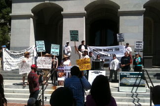 Demonstrators protested outside the state capitol against the California Department of Corrections' policies of isolating inmates at Pelican Bay State Prison on Tuesday, August 23, 2011.