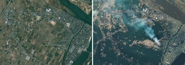 In this combination of photos provided by GeoEye, Natori, Japan is seen. The photo on the left was taken April 4, 2010. The photo on right was taken Saturday, March 12, 2011, one day after a 9.0-magnitude earthquake struck the Oshika Peninsula.