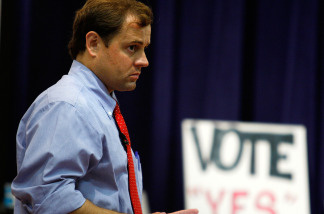Tom Perriello (D-VA) listens during a town hall meeting on universal health care at Fluvanna Middle School August 17, 2009 in Fork Union, Virginia.