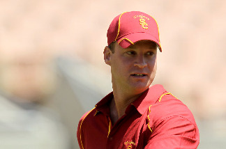 Head coach Lane Kiffin looks on during the USC Trojans spring game on May 1, 2010 at the Los Angeles Memorial Coliseum in Los Angeles, California.