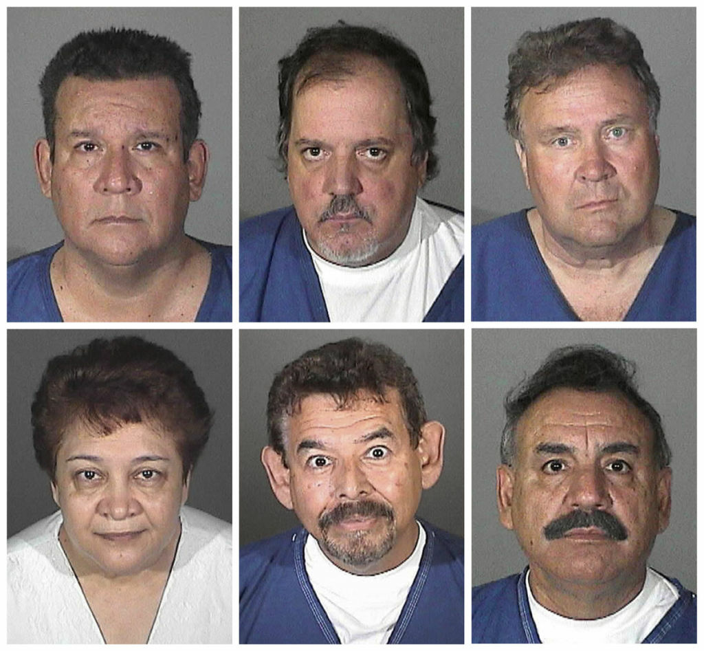 This combo made with booking photos provided by the Los Angeles County Sheriff's Department shows from top left, Luis Artiga, Victor Bello, George Cole, and Oscar Hernandez; from bottom left, Teresa Jacobo, George Mirabal, Robert Rizzo, and Peir'Angela Spaccia. The eight are charged with taking more than $5.5 million from the working-class suburb of Bell, Calif. in a scandal that triggered nationwide outrage and calls for more transparency in government. (AP Photo/Los Angeles County Sheriff's Department)