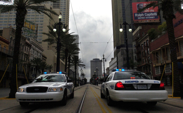 File photo of two police cars are in position on an nearly empty street on August, 31, 2008 in New Orleans, Louisiana.
