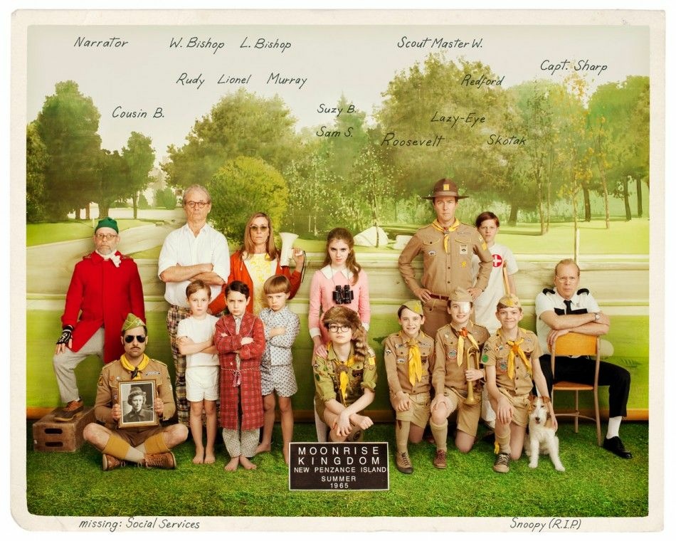 Promotional image of the cast of Wes Anderson's "Moonrise Kingdom."