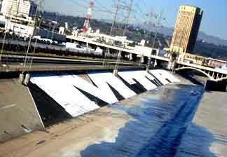 Graffiti marks the concrete walls of the Los Angeles river near downtown L.A.