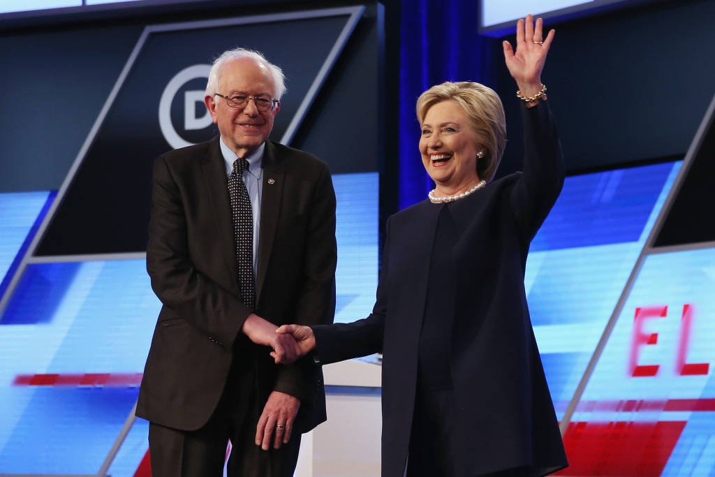Democratic Presidential Candidates Debate In Miami FILE: Bernie Sanders and Hillary Clinton appear at a presidential primary debate in Miami on March 9, 2016.