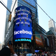 A sign announcing Facebook IPO is flashe