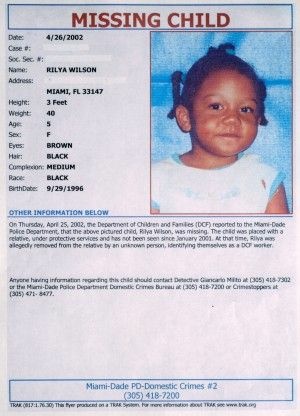 A poster seeking information on Rilya Wilson, a young Miami girl who has been missing since 2001
