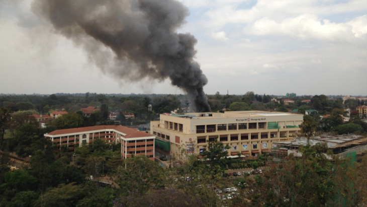 Heavy smoke rises from the Westgate Mall in Nairobi, Kenya, on Monday. The Somali militant group al-Shabab claimed responsibility for the attack.